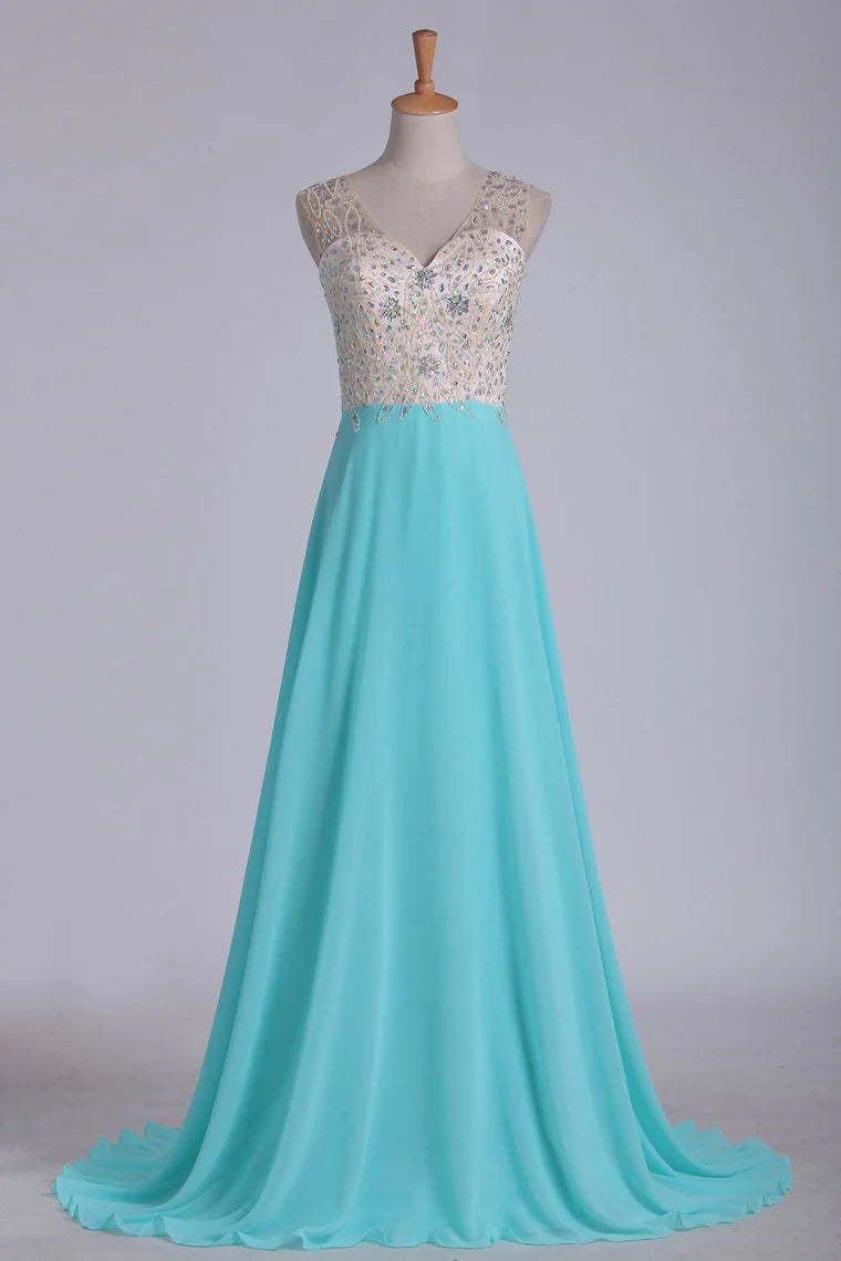 V Neck Beaded Bodice A Line Party Dresses Chiffon & Tulle Sweep Train